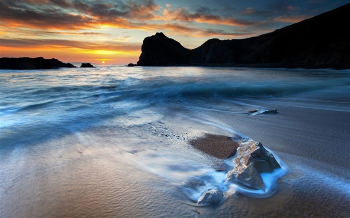 Beau paysage de la côte, coucher de soleil, les rochers, la mer Fonds d'écran, image