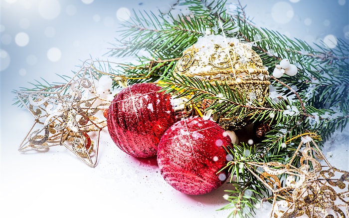 Boules de Noël, branche de pin, nouvelle décoration de l'année Fonds d'écran, image