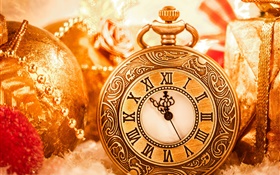 Décoration de Noël, horloge, boules, Nouvel An