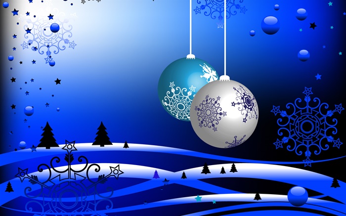 Thème de Noël, vecteur des photos, des boules, des arbres, la neige, le style bleu Fonds d'écran, image