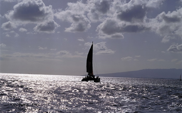 Crépuscule, Mer, bateau, nuages Fonds d'écran, image