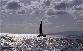 Crépuscule, Mer, bateau, nuages HD Fonds d'écran