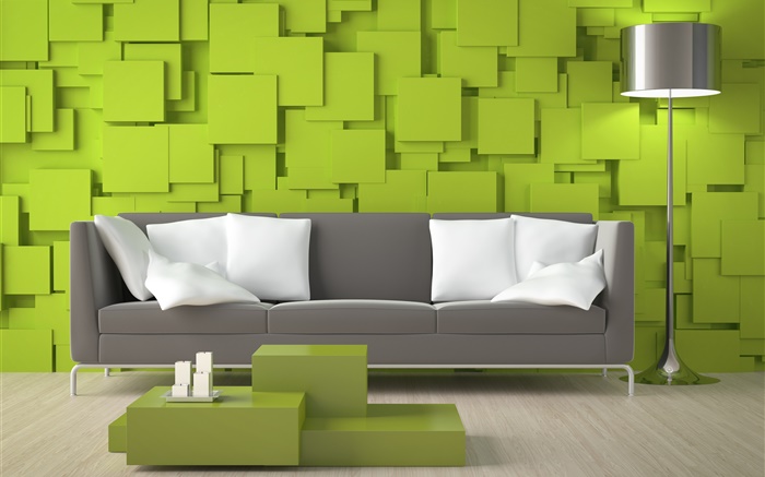 Salon, canapé, murs verts, lampe Fonds d'écran, image