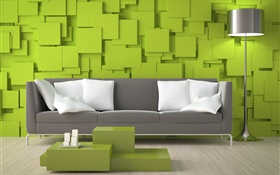 Salon, canapé, murs verts, lampe HD Fonds d'écran