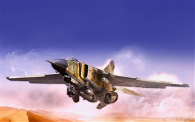MiG combattant, voler, désert, nuages