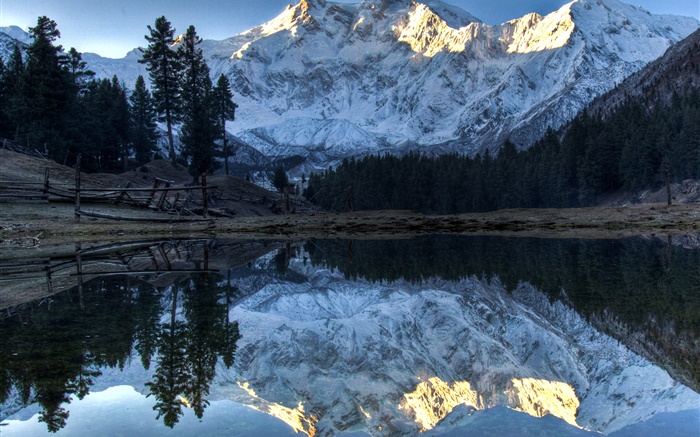 Montagnes, lac, arbres, réflexion de l'eau, de la neige Fonds d'écran, image