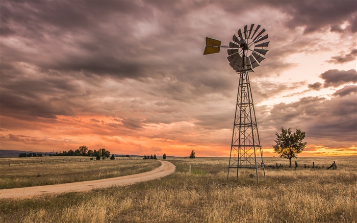 Nouvelle-Galles du Sud, Australie, herbe, moulin à vent, nuages, coucher de soleil Fonds d'écran, image