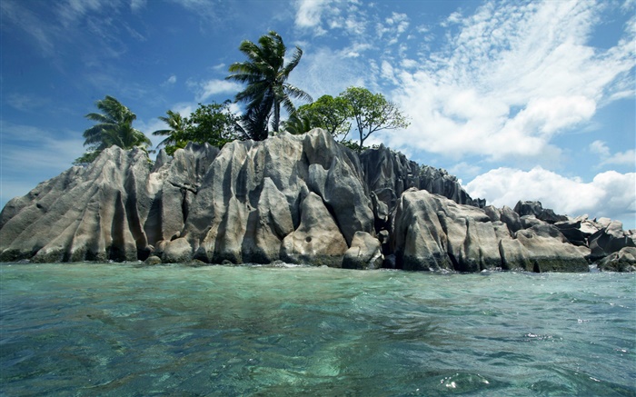 Mer, des pierres, arbres, nuages, Îles Seychelles Fonds d'écran, image