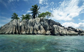 Mer, des pierres, arbres, nuages, Îles Seychelles HD Fonds d'écran