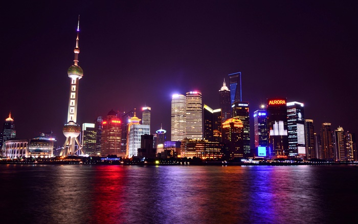 Shanghai, en Chine, nuit, ville, lumières, gratte-ciel, rivière Fonds d'écran, image