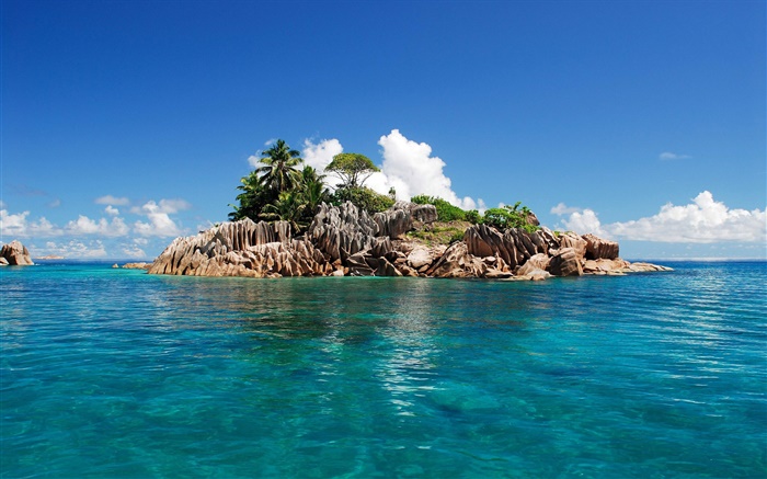 Petite île, la mer bleue, ciel, île des Seychelles Fonds d'écran, image