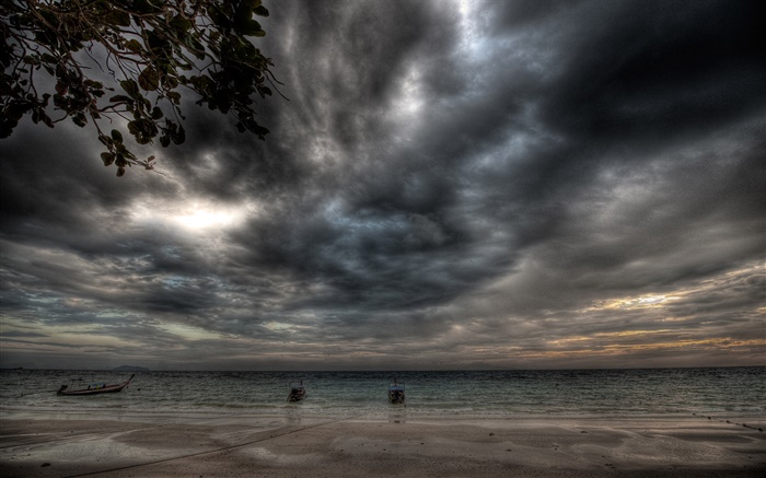 Tempête, nuages, côte, plage, bateau, soir Fonds d'écran, image