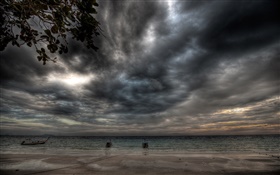 Tempête, nuages, côte, plage, bateau, soir HD Fonds d'écran