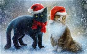 Deux chats, neige, écharpe, chapeau de Noël