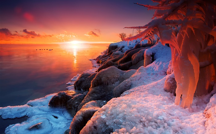 Hiver, le lever du soleil, lac, glace, neige, de beaux paysages Fonds d'écran, image