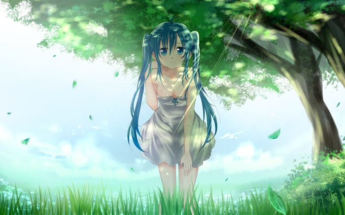 Blue hair anime girl, Hatsune Miku, les arbres, l'herbe, les feuilles Fonds d'écran, image