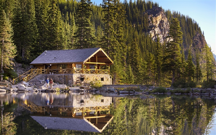 Canada, le parc national Banff, le lac Agnes, montagnes, house, les gens, de la jetée Fonds d'écran, image
