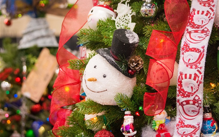 Arbre de Noël, bonhomme de neige, jouet, ruban Fonds d'écran, image