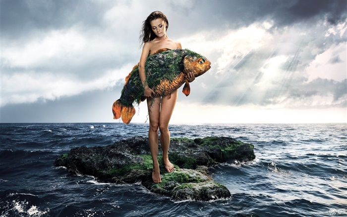 Photos créatives, fille détiennent un poisson, mer, nuages Fonds d'écran, image