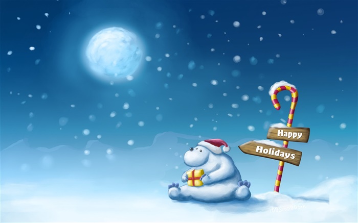 Happy Holidays, neige, ours, la lune Fonds d'écran, image