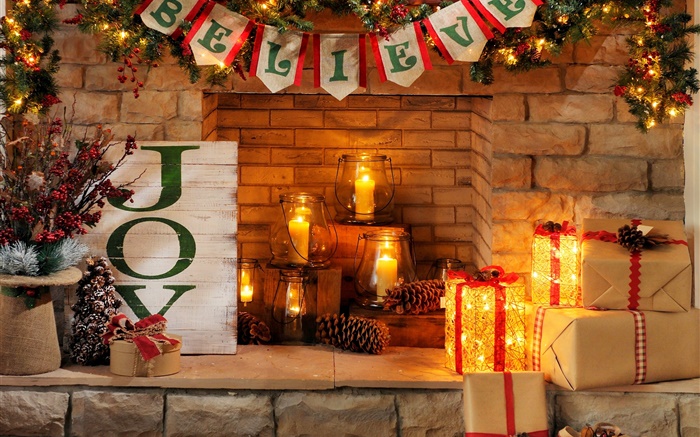 Happy New Year, Joyeux Noël, cheminée, des bougies, boîtes à cadeaux Fonds d'écran, image