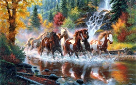 Chevaux, rivière, cascade, forêt, automne, arbres, peinture d'art HD Fonds d'écran