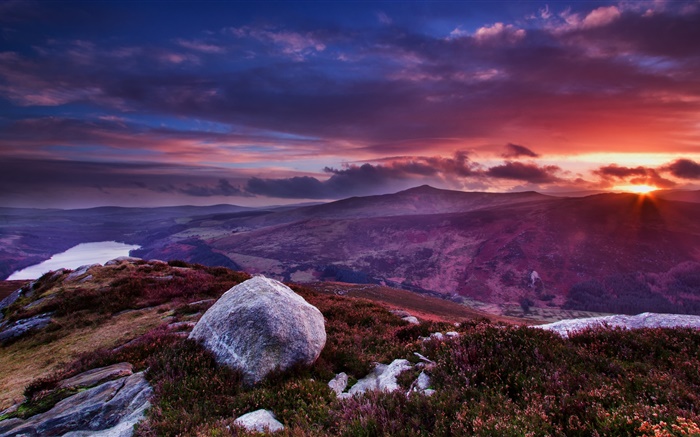 Irlande, montagne, rochers, fleurs, l'herbe, nuages, coucher de soleil Fonds d'écran, image