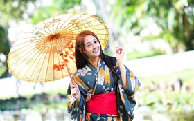 Fille japonaise, kimono, parapluie, l'éblouissement