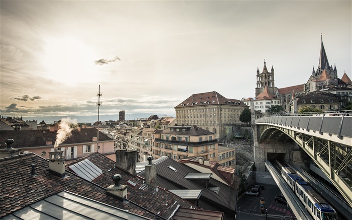 Lausanne, Suisse, maisons, train, soleil Fonds d'écran, image