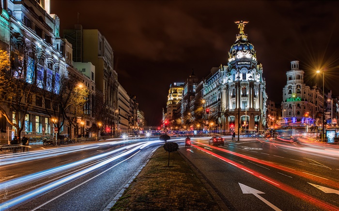 Madrid, Espagne, nuit de la ville, les lumières, les maisons, les bâtiments, routes Fonds d'écran, image