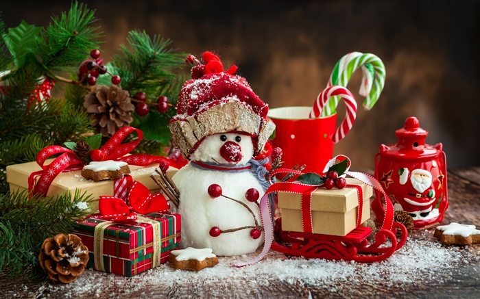 Joyeux Noël, Nouvel An, la décoration, bonhomme de neige, tasse, des bonbons, des cadeaux Fonds d'écran, image