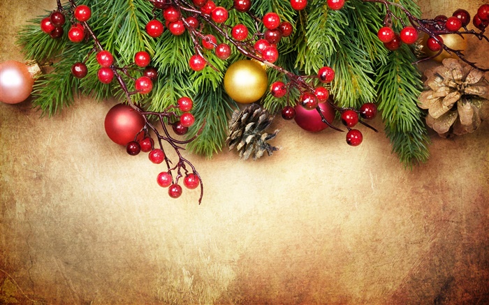 Joyeux Noël, la décoration, les brindilles de pin, baies, boules Fonds d'écran, image