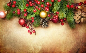 Joyeux Noël, la décoration, les brindilles de pin, baies, boules HD Fonds d'écran