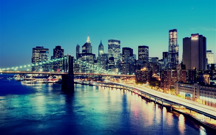 New York, Etats-Unis, la nuit, les lumières de la ville, les gratte-ciel, la baie Fonds d'écran, image