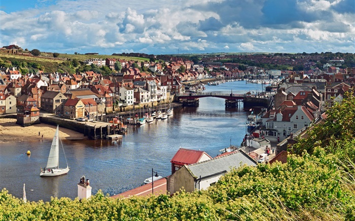 North Yorkshire, Angleterre, rivière, pont, bateau, maison Fonds d'écran, image