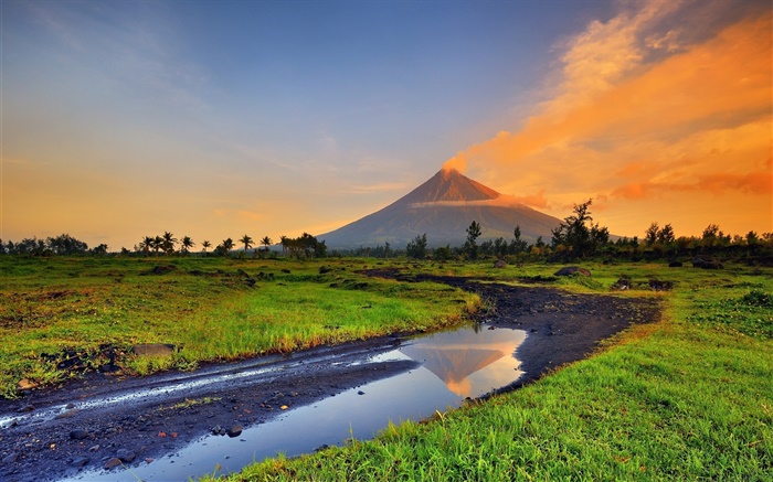 Philippines, le Mayon, volcan, montagne, herbe, ruisseau Fonds d'écran, image