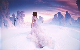 Rose fille robe en hiver, la neige épaisse HD Fonds d'écran