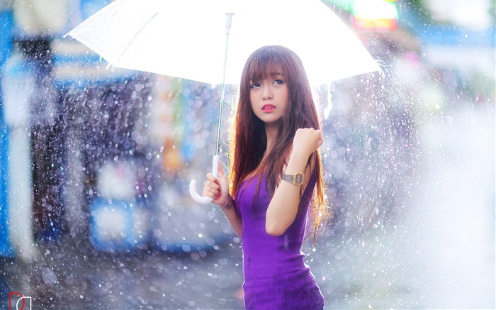 Robe violette fille asiatique, parapluie, pluie Fonds d'écran, image