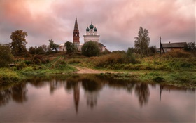 Russie, temple, village, étang, herbe, arbres, nuages HD Fonds d'écran
