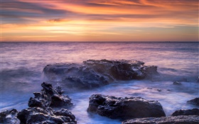 Mer, côte, l'eau, roches, coucher de soleil HD Fonds d'écran