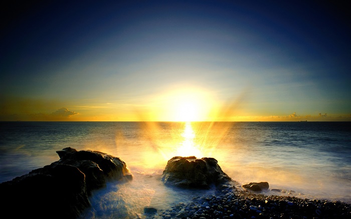 Mer, des pierres, de la plage, le lever du soleil, de la mousse, les projections d'eau Fonds d'écran, image