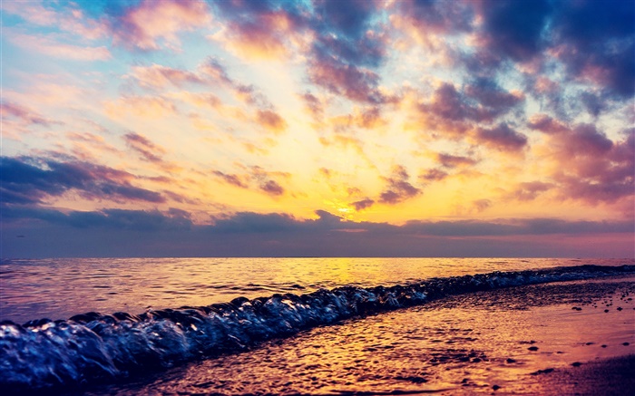 Mer, vagues, plage, coucher de soleil, nuages Fonds d'écran, image