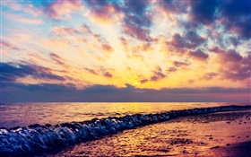 Mer, vagues, plage, coucher de soleil, nuages HD Fonds d'écran