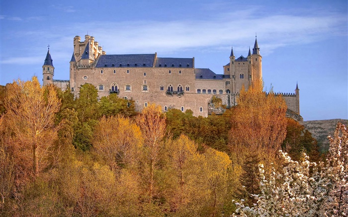 Espagne, Ségovie Alcazar, palais, arbres, ciel, automne Fonds d'écran, image