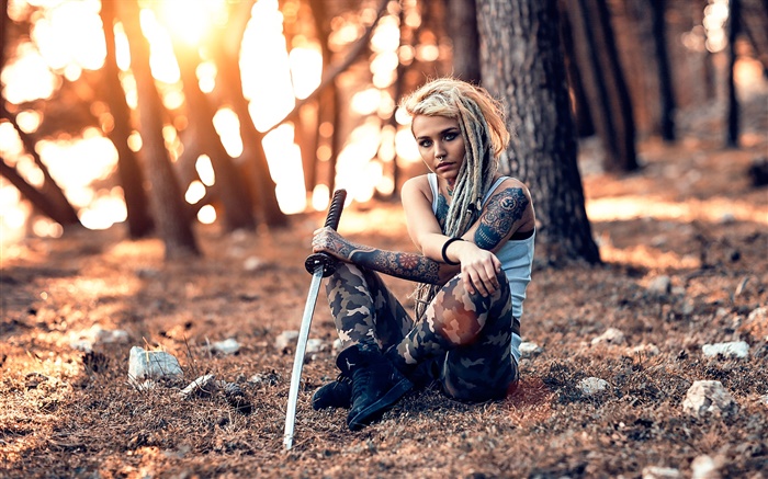 Tatouage fille, épée, arme, arbres Fonds d'écran, image