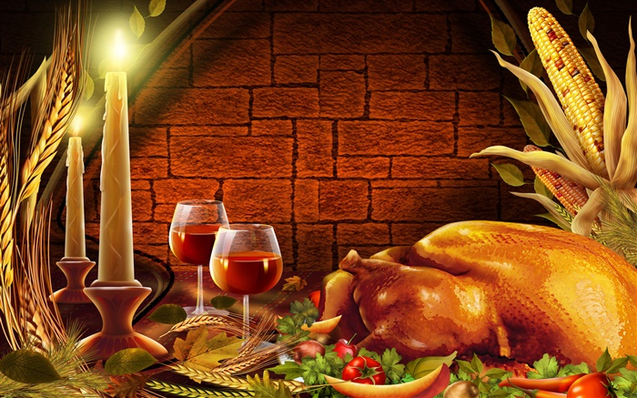 Thanksgiving, du poulet, des bougies, des verres à vin Fonds d'écran, image