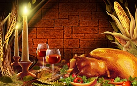 Thanksgiving, du poulet, des bougies, des verres à vin
