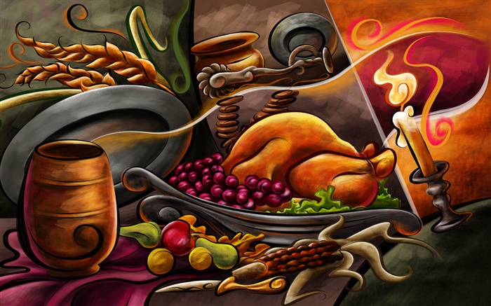 Thanksgiving peinture à thème, du poulet, des fruits, bougies Fonds d'écran, image