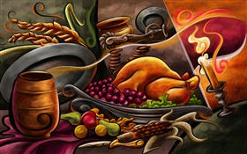 Thanksgiving peinture à thème, du poulet, des fruits, bougies