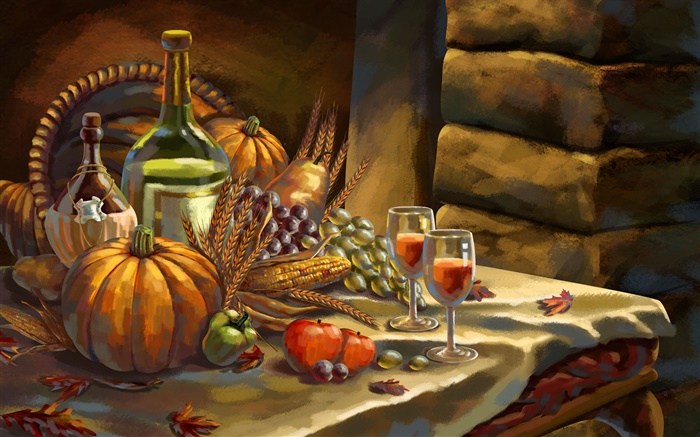 Thanksgiving, aquarelle, la citrouille, les raisins, le vin, les pommes, le blé Fonds d'écran, image